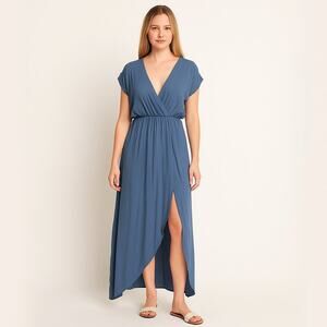 2/$30 First Love Faux Wrap Cap Sleeve Maxi Tunic Dress Slate Blue #A0343 TRB2